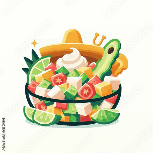 A vibrant illustration of a fresh Mexican salad in a bowl, garnished with avocado, lime, and a sombrero.