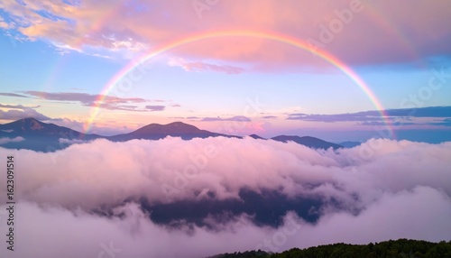 Colorful rainbow over misty mountains