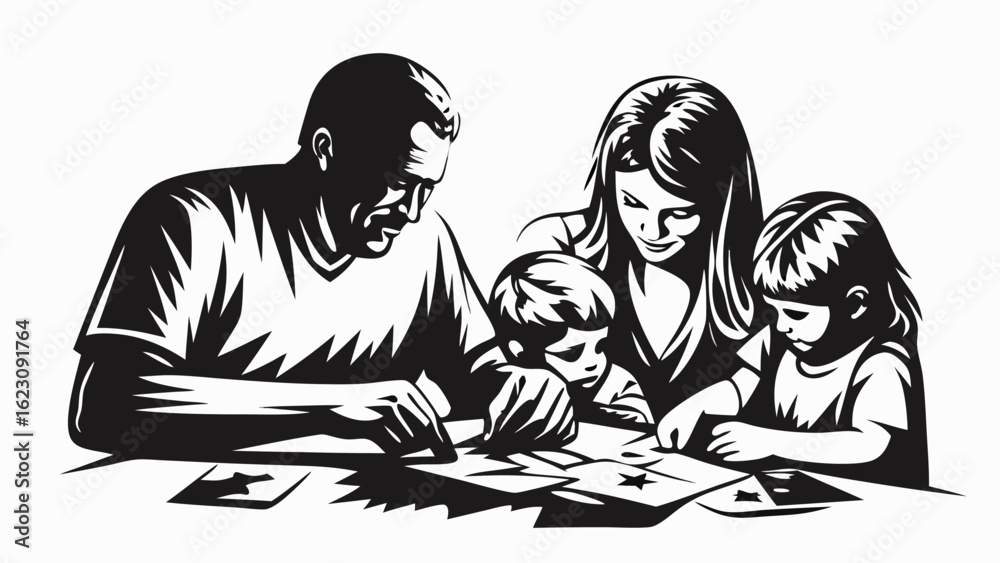 Fototapeta premium A family of four is sitting at a table playing a card game in a black and white illustration style silhouette