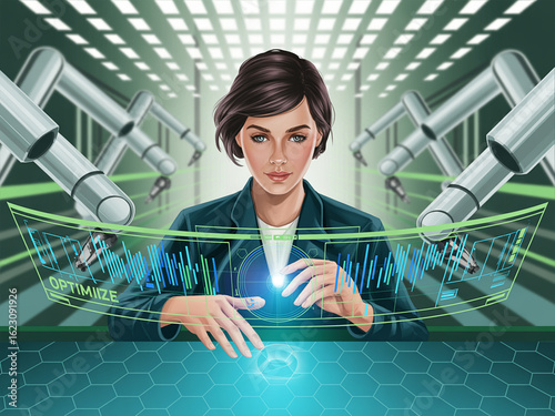 a female scientist interacting with a futuristic transparent holographic display in a high-tech laboratory or factory. She is optimizing a complex digital design or simulation, with robotic arms.