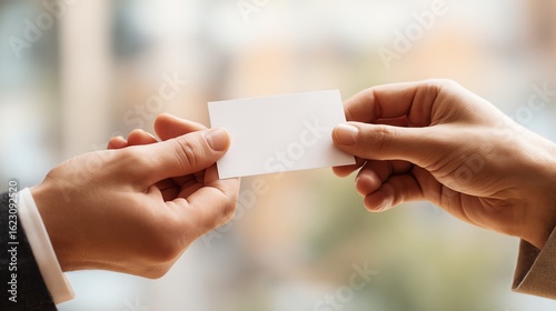 Hands exchanging a blank business card.
