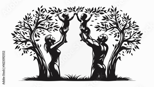 Silhouette of a family with parents holding up two babies under trees in a black and white illustration