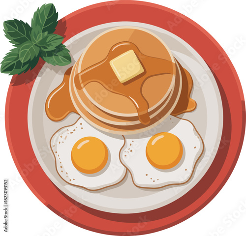 Delicious breakfast platter with pancakes fried eggs and maple syrup