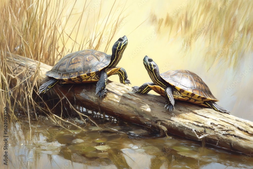 Obraz premium Two turtles basking on a fallen log in a tranquil swamp, soaking up the warm sunlight and enjoying the peaceful surroundings