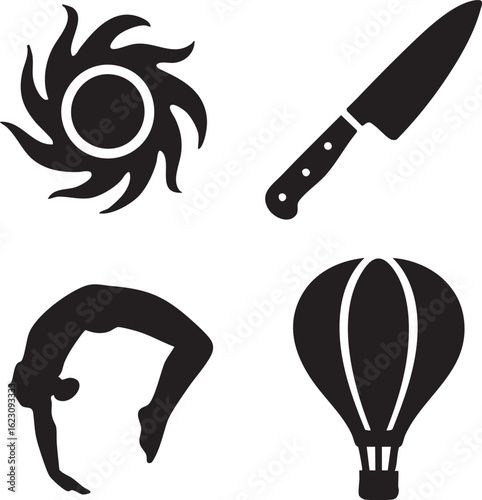 Four black silhouette icons sunburst knife gymnast and hot air balloon on white