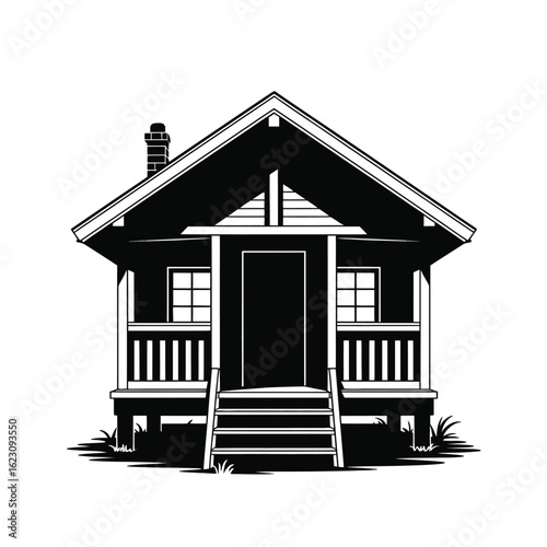 Rustic wooden cabin with porch and steps illustration