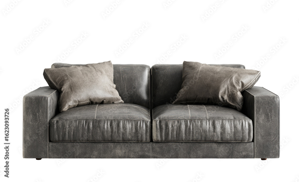 Obraz premium Gray leather sofa with light-colored pillows