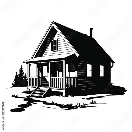 Rustic wooden cabin with porch and chimney in a natural setting