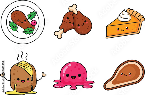 Cute Thanksgiving and Christmas food vector icon set featuring a roasted turkey, drumsticks, pumpkin pie, baked potato, cranberry sauce, and avocado