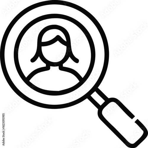 Search Icon: An illustrative portrayal of human portrait inside a magnifying glass, suggesting investigation and searching for suitable person
