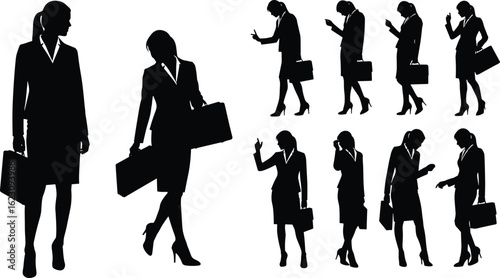 Businesswoman silhouette carrying briefcase, corporate attire, confident pose, career ambition, leadership icon, professional presence, executive success vector illustration