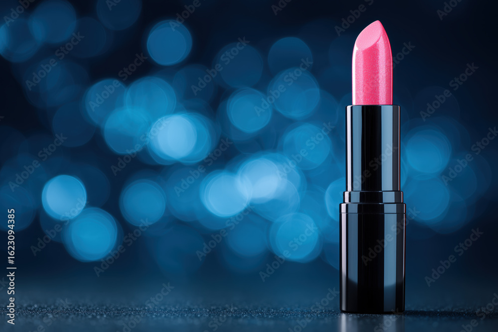 Shiny pink lipstick in a black case standing upright on a dark surface with glowing blue bokeh lights in the background. Glamorous and modern beauty concept Shiny pink lipstick in a black case standing upright on a dark surface with glowing blue bokeh lights in the background. Glamorous and modern beauty concept
