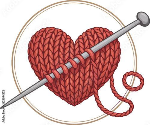 Detailed Knitted Heart with Knitting Needle and Yarn for Crafting and Hobby Projects