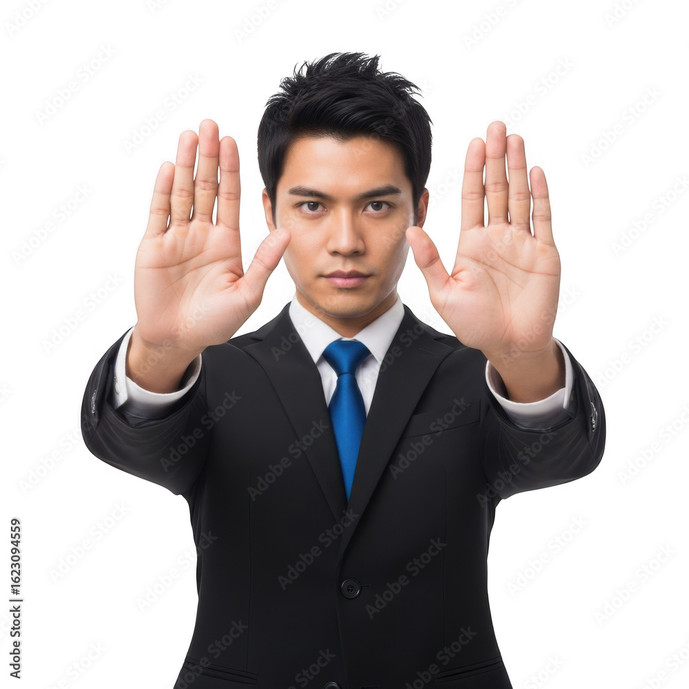 Man in suit holding hands up in stop gesture isolated on transparent background Man in suit holding hands up in stop gesture isolated on transparent background