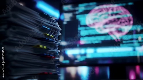 Pile of Legal Documents Stacked High with Brain Scan Background in Dark Room