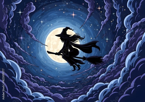 Mystical midnight flight of a witch silhouetted against a full moon
