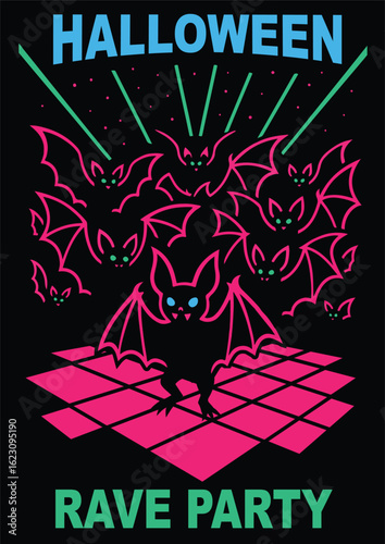 Neon Bats Halloween Rave Party Poster  in a vibrant retro-futuristic style  for promoting Halloween club events, EDM parties, and spooky nightlife gatherings