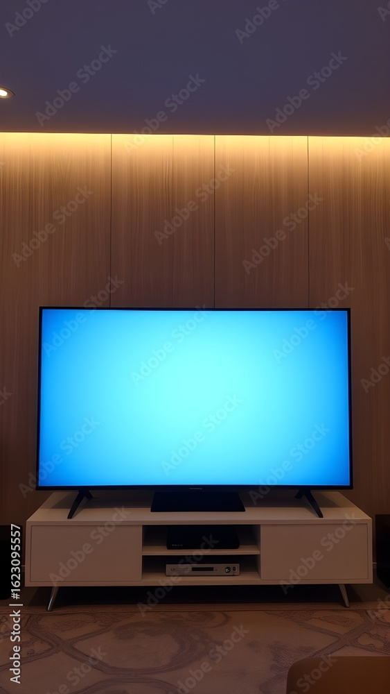 Fototapeta premium Blue screen TV display on wooden cabinet