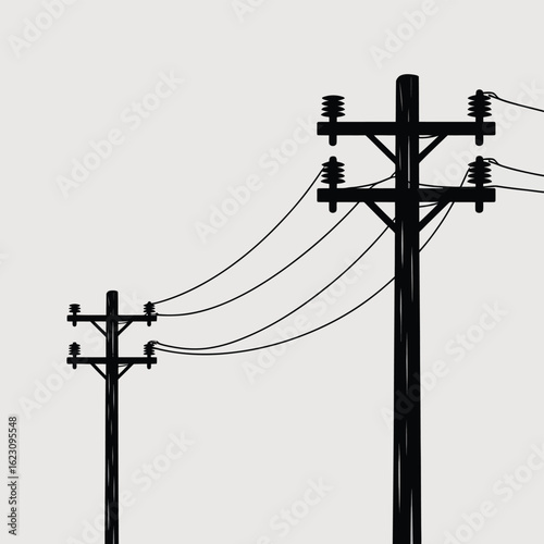 Silhouette of two wooden utility poles with electrical wires against a light gray background