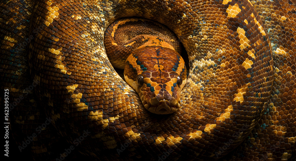 Fototapeta premium A mesmerizing reticulated python coils itself in a stunning display of natural beauty, showcasing intricate scales and patterns.