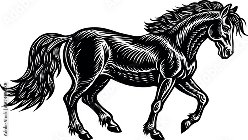 Elegant horse galloping freely across a field in a striking silhouette design