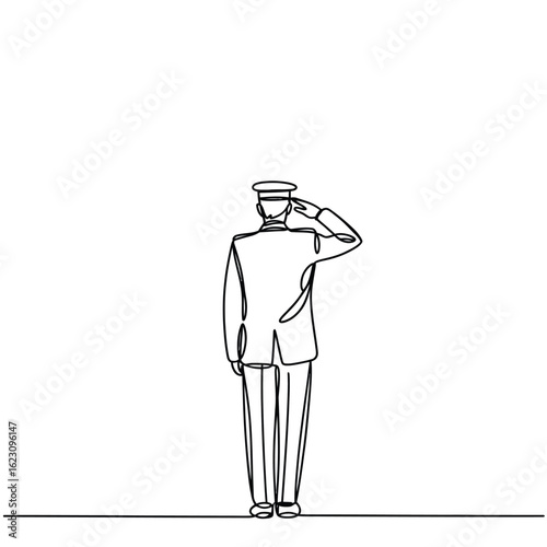 Military officer in uniform saluting with a clean line drawing on white background