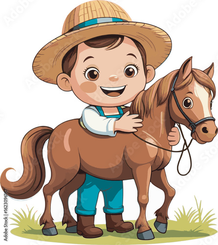 Adorable cartoon farmer boy smiling while hugging a small brown horse vector
