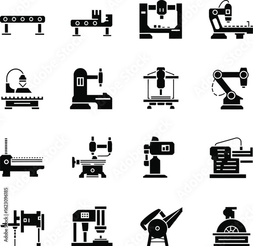 CNC Machine Icons Set - Industrial Vector Silhouettes