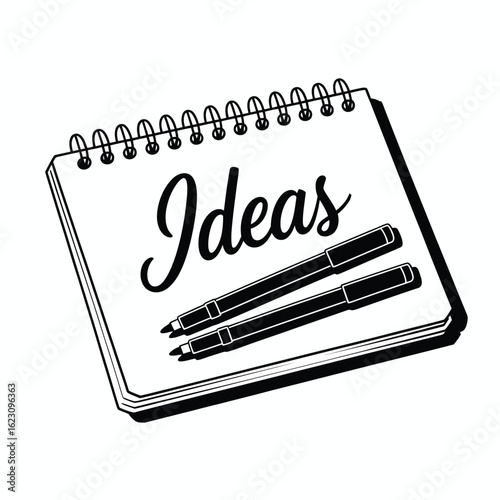 Hand drawn sketch of a notebook with the word ideas and two pens