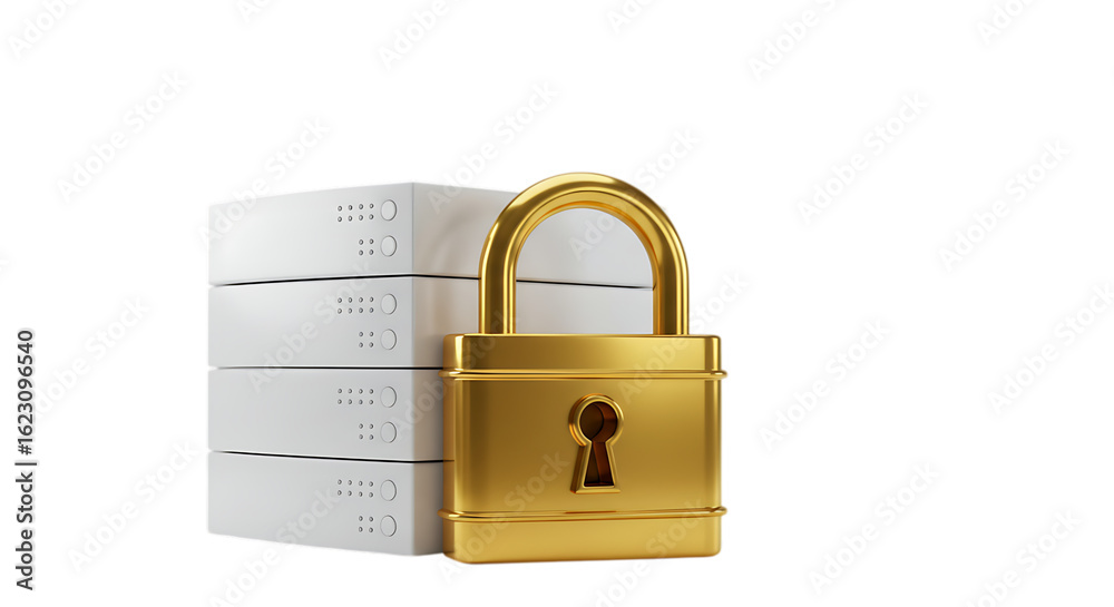 Fototapeta premium Golden padlock securing a stack of white boxes representing data or information security isolated on white background