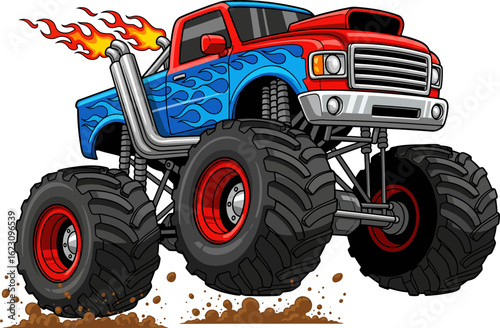 Exciting Monster Truck with Flames and Big Tires Driving on Dirt