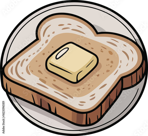 Cartoon Toast with Butter on a Plate Illustration Breakfast Food Staple Simple Design