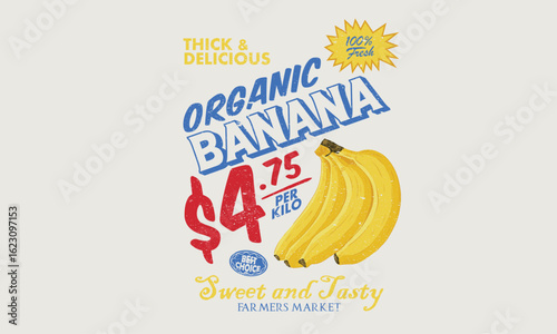 Local farmer markets. Organic food artwork for for t shirt and poster. Fruits of the spirit. Vintage banana art. Summer food poster design.