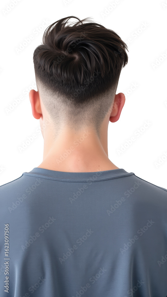 Young person with stylish haircut is seen from back, wearing casual blue shirt. focus is hair and clean fade style, showcasing modern grooming Young person with stylish haircut is seen from back, wearing casual blue shirt. focus is hair and clean fade style, showcasing modern grooming