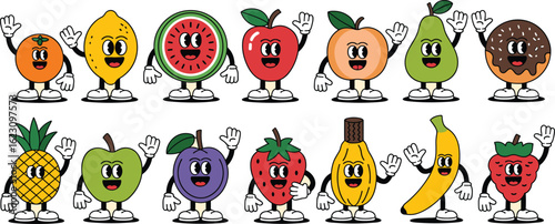 Cute cartoon fruit characters set, smiling healthy fruits, fun kawaii food illustration, vector mascot collection for kids, colorful clipart