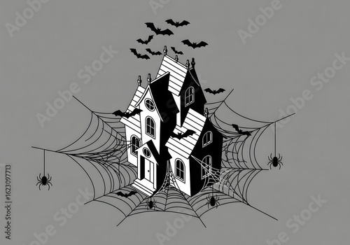 Gothic haunted house in a spiderweb with flying bats for Halloween