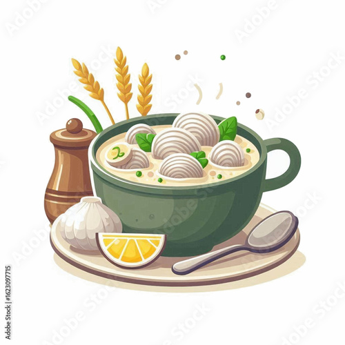 An illustrated bowl of creamy dumpling soup with fresh garlic, lemon, and wheat stalks.