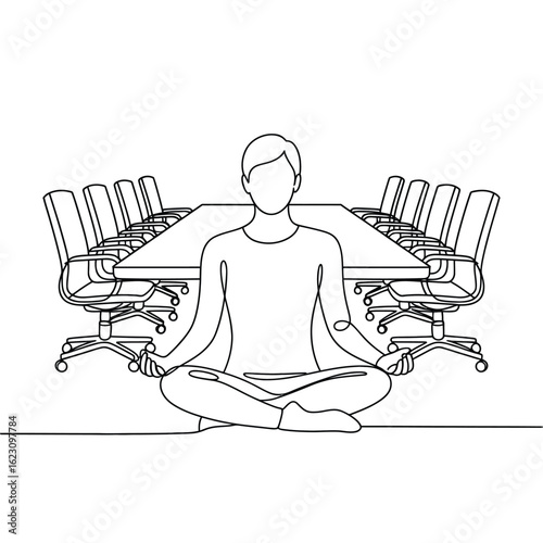 Businessperson meditating peacefully in a conference room