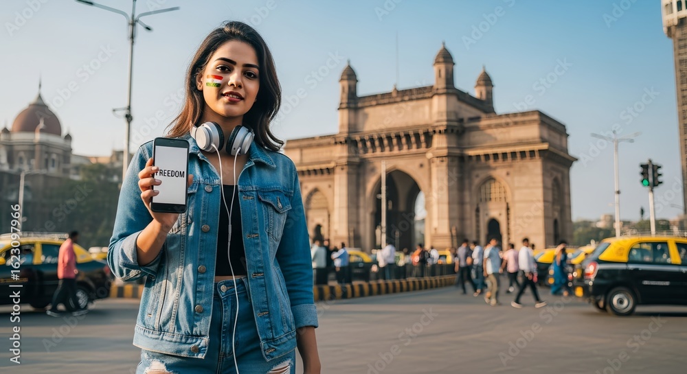Fototapeta premium Young woman celebrates freedom in India while holding phone near the Gateway of India