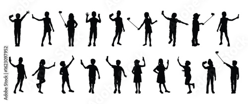 Kids with smartphone in different poses vector isolated silhouette set on white background. Children taking selfie various poses vector black silhouettes.