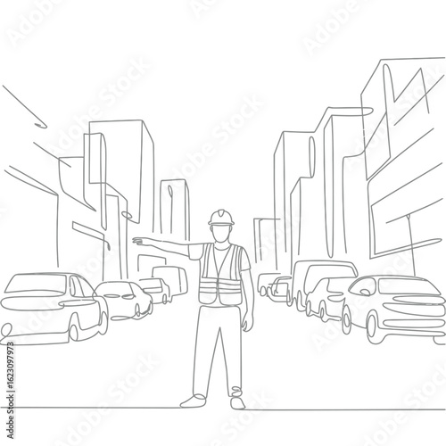 Construction worker standing in the middle of a city street with buildings and cars
