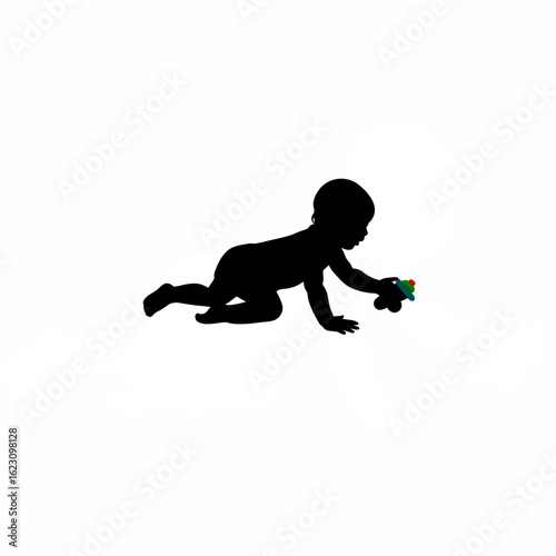 Silhouette of a baby crawling while holding a toy in one hand on white background