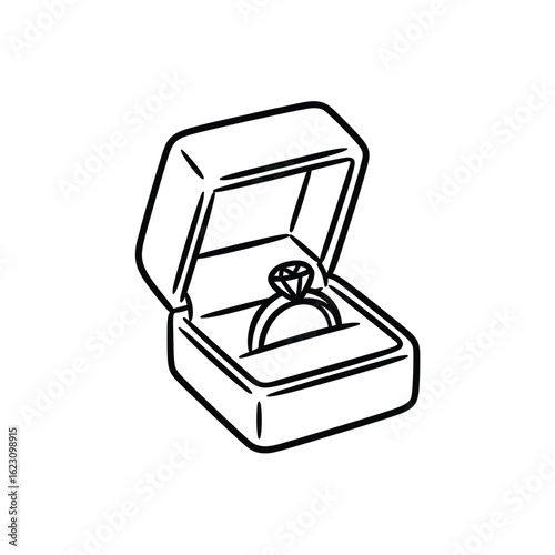 Hand drawn illustration of an engagement ring in an open jewelry box