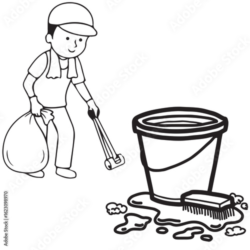 Street Cleaner Collecting Trash with Bucket and Brush