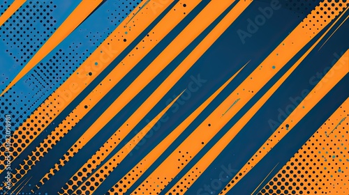 Abstract design featuring diagonal stripes in orange and blue with dotted patterns.