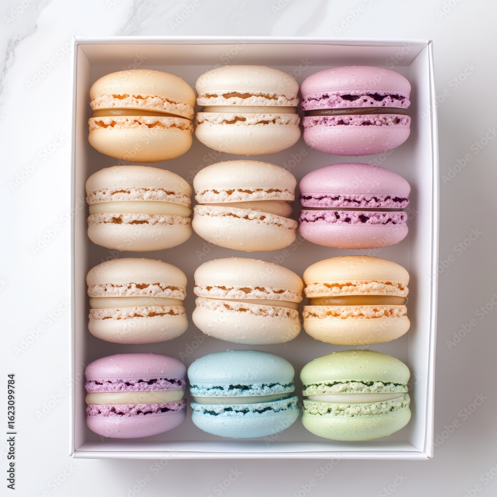 Obraz premium Colorful Assortment of Macarons in Simple White Gift Box