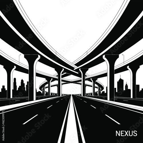 Modern cityscape with overlapping highway overpasses and skyscrapers