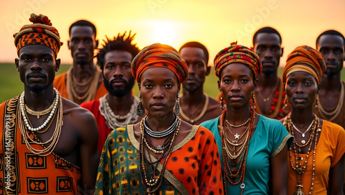 Proud African Tribe in Traditional Attire at Sunset Cultural Heritage Portrait