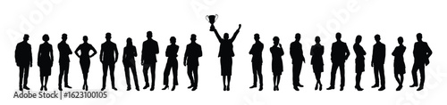 Diverse and confident group of business people poses together in row with businesswoman holding trophy raising arms success silhouettes