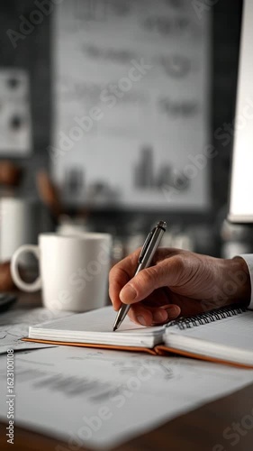 Handwriting notes beside coffee mug in blurry workspace.